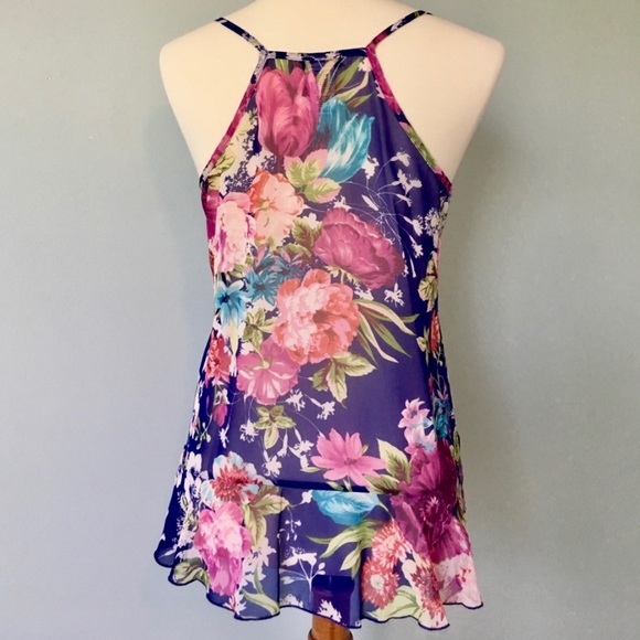 Floral Tank Top Racer Back Ruffles Summer Small 2 - Picture 2 of 5